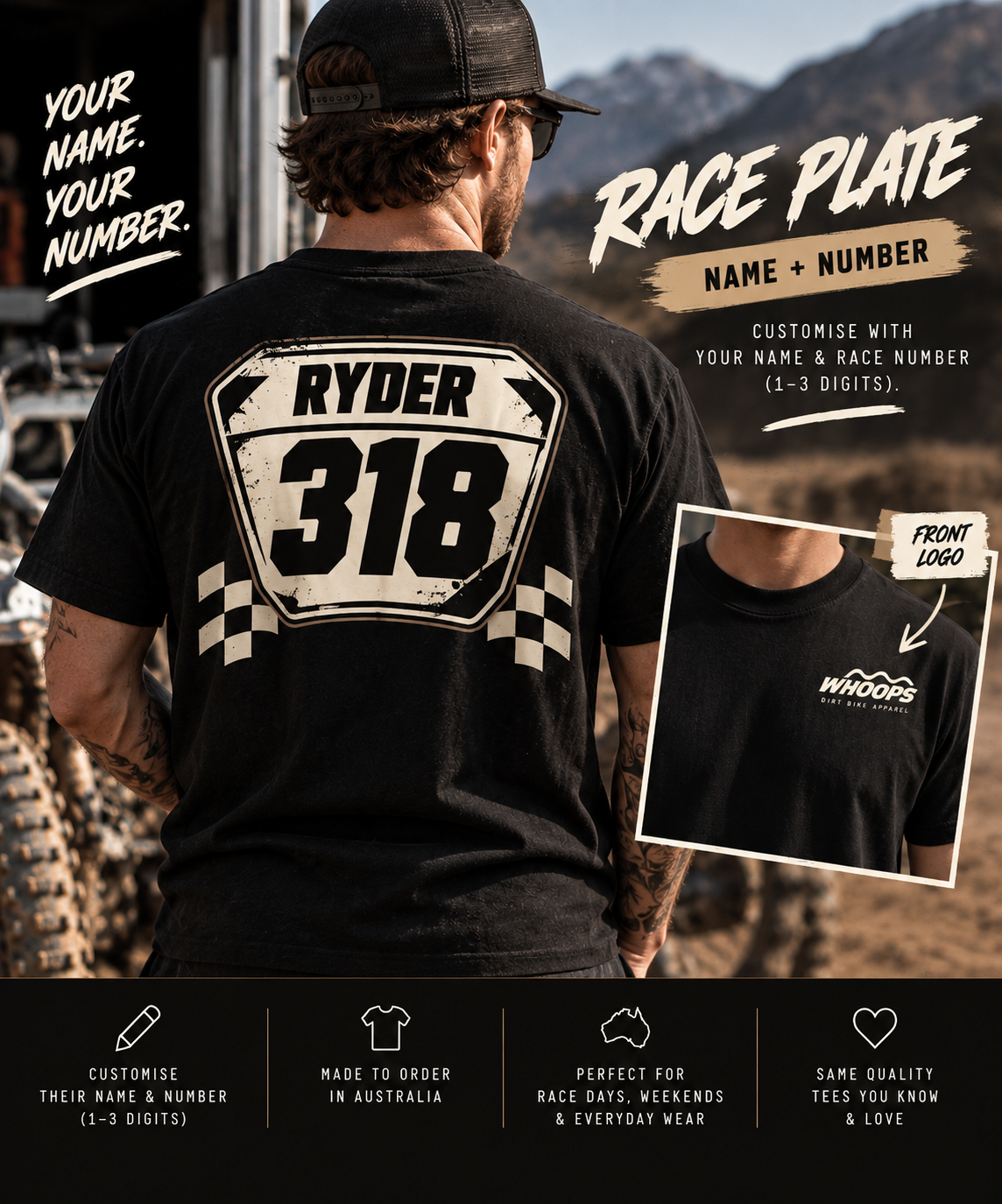 WHOOPS CUSTOMS – Race Plate Name + Number Tee