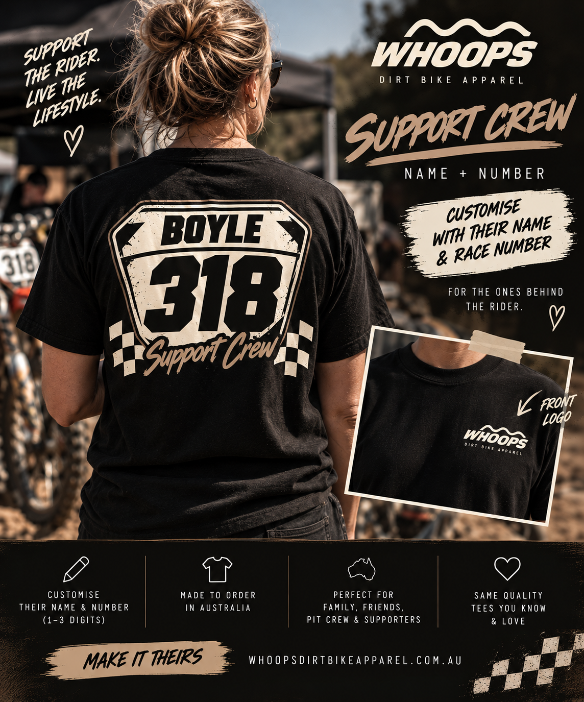 WHOOPS CUSTOMS – Race Plate Name + Number Support Crew Tee