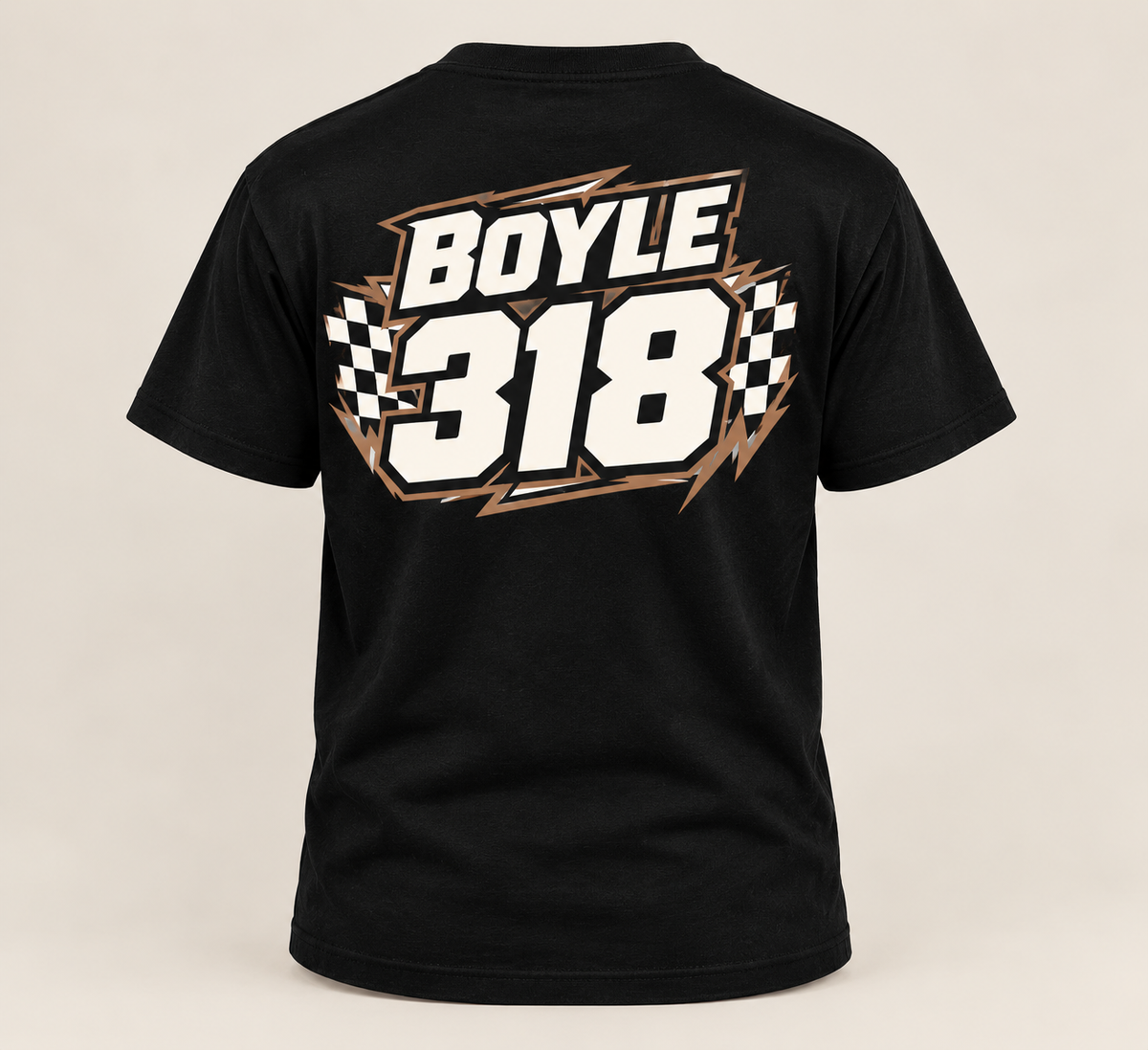 WHOOPS CUSTOMS Bold Surname and Race Number Tee shown with BOYLE 318