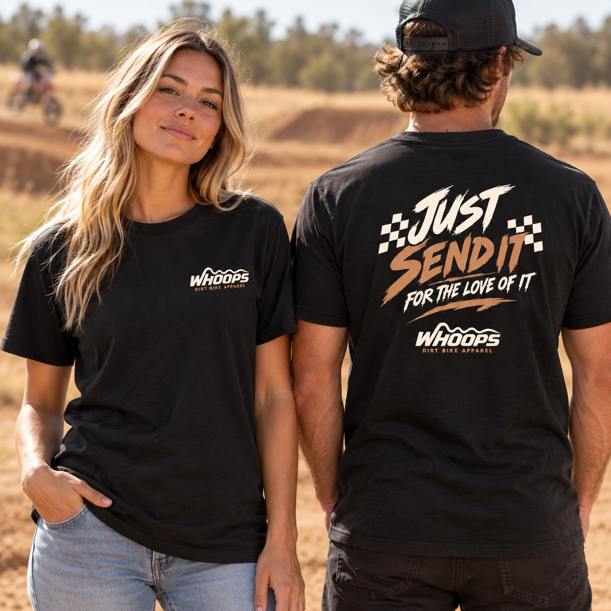 Just Send It – For the Love of It black tee, front and back on models at the motocross track