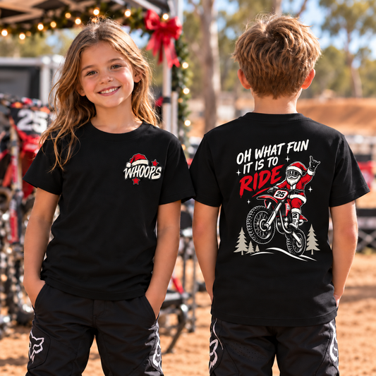 Kids Oh What Fun It Is to Ride Christmas tee front and back