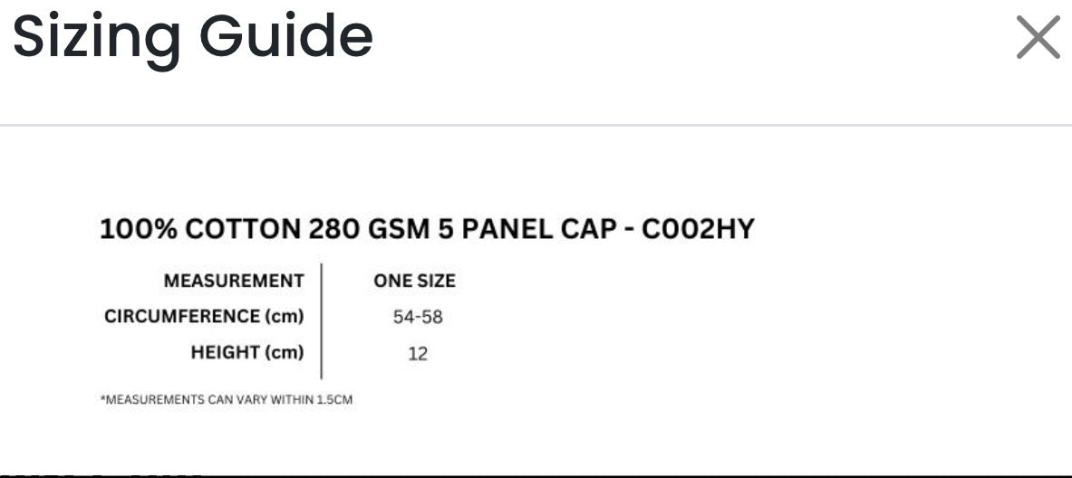 WHOOPS Custom Rider Cap sizing guide - one size 54-58 cm circumference, 12 cm height