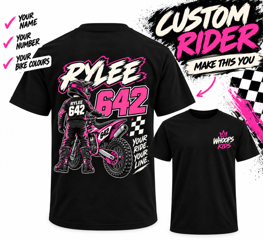 WHOOPS Kids Custom Rider Tee personalised with RYLEE 642 and pink bike colours