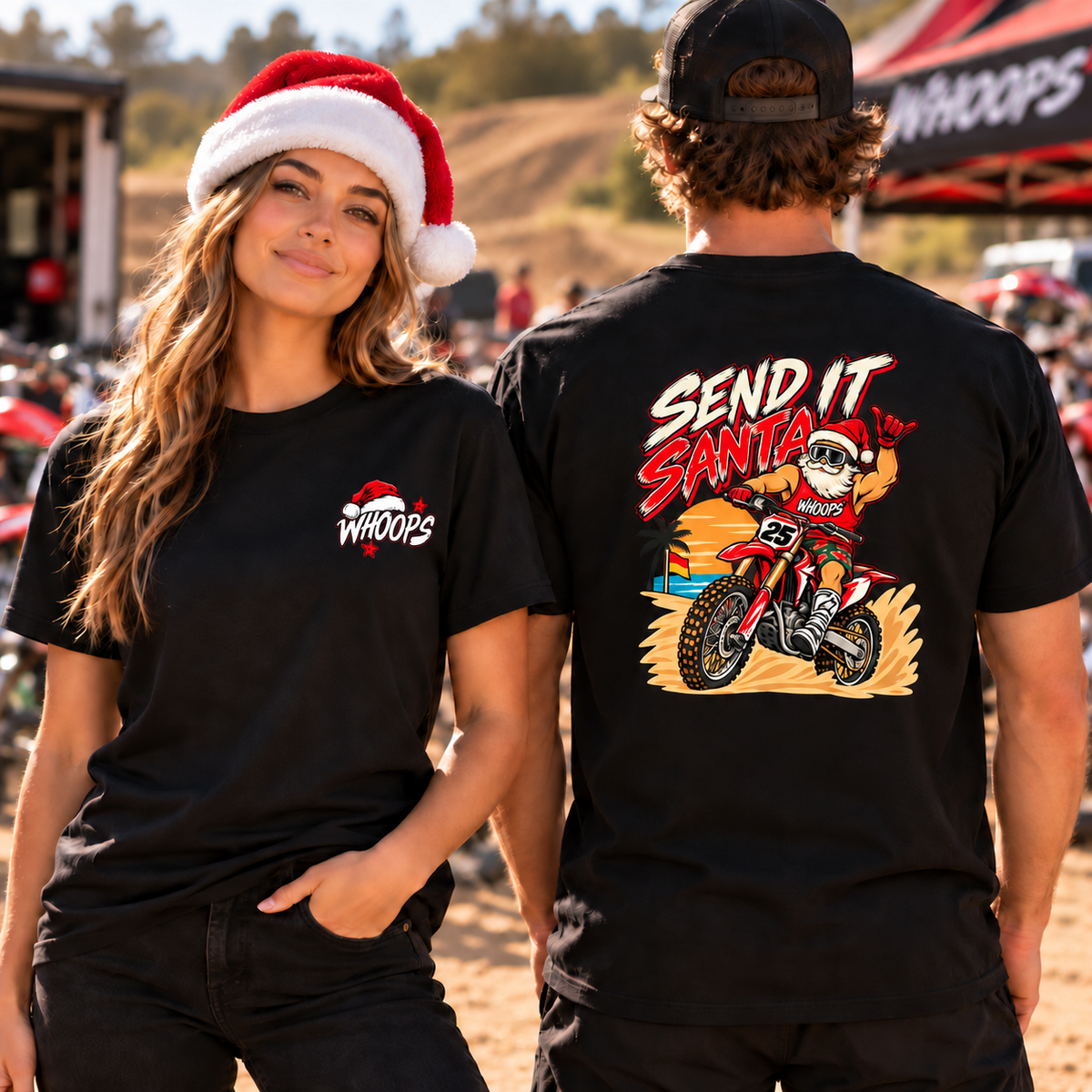 WHOOPS Send It Santa beach motocross Christmas tee front and back