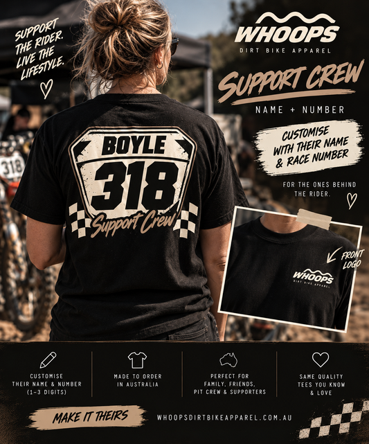 WHOOPS CUSTOMS – Race Plate Name + Number Support Crew Tee