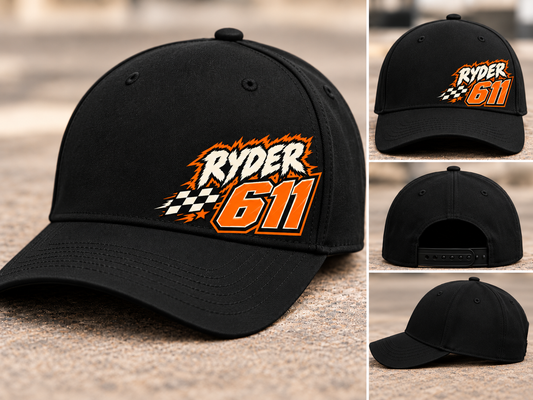 Black WHOOPS Custom Rider Cap with Ryder 611 orange motocross design