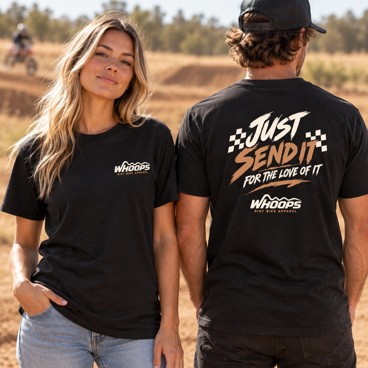 Just Send It – For the Love of It black tee, front and back on models at the motocross track