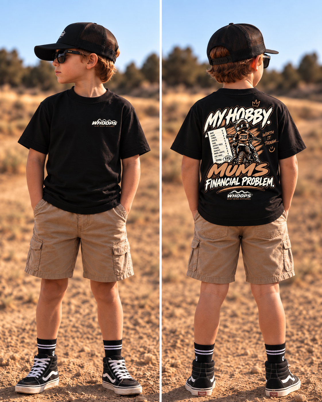 Child wearing WHOOPS My Hobby Mum’s Financial Problem black dirt bike tee, front and back