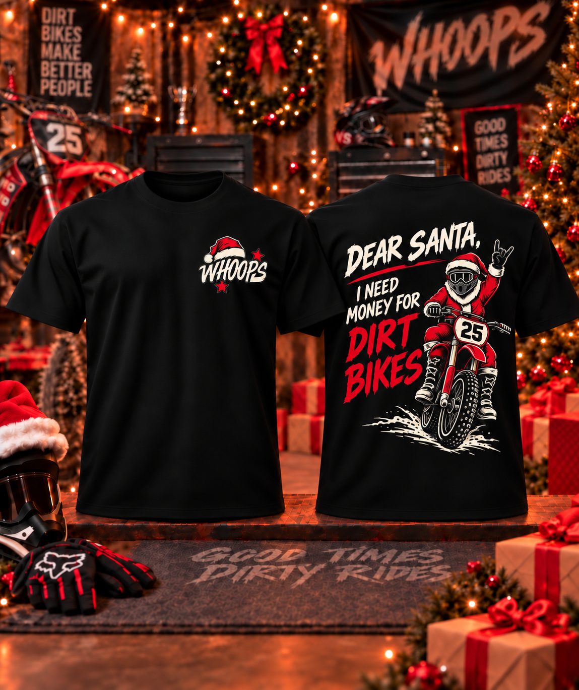 Dear Santa I Need Money for Dirt Bikes Christmas tee front and back