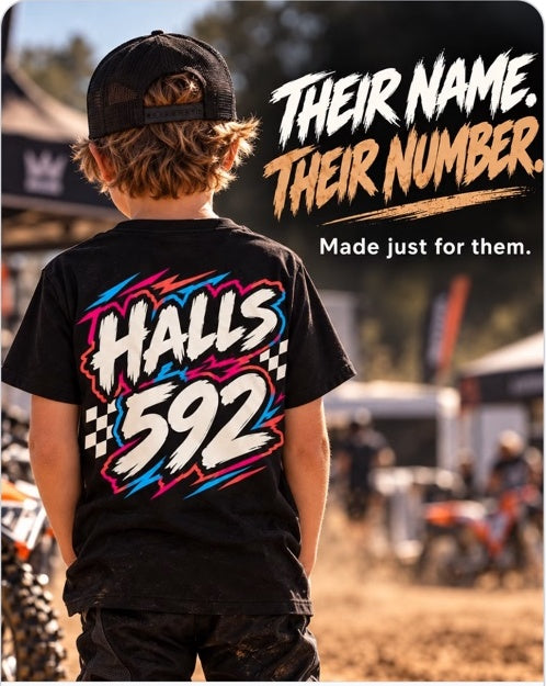 WHOOPS kids custom name and race number tee shown with HALLS 592