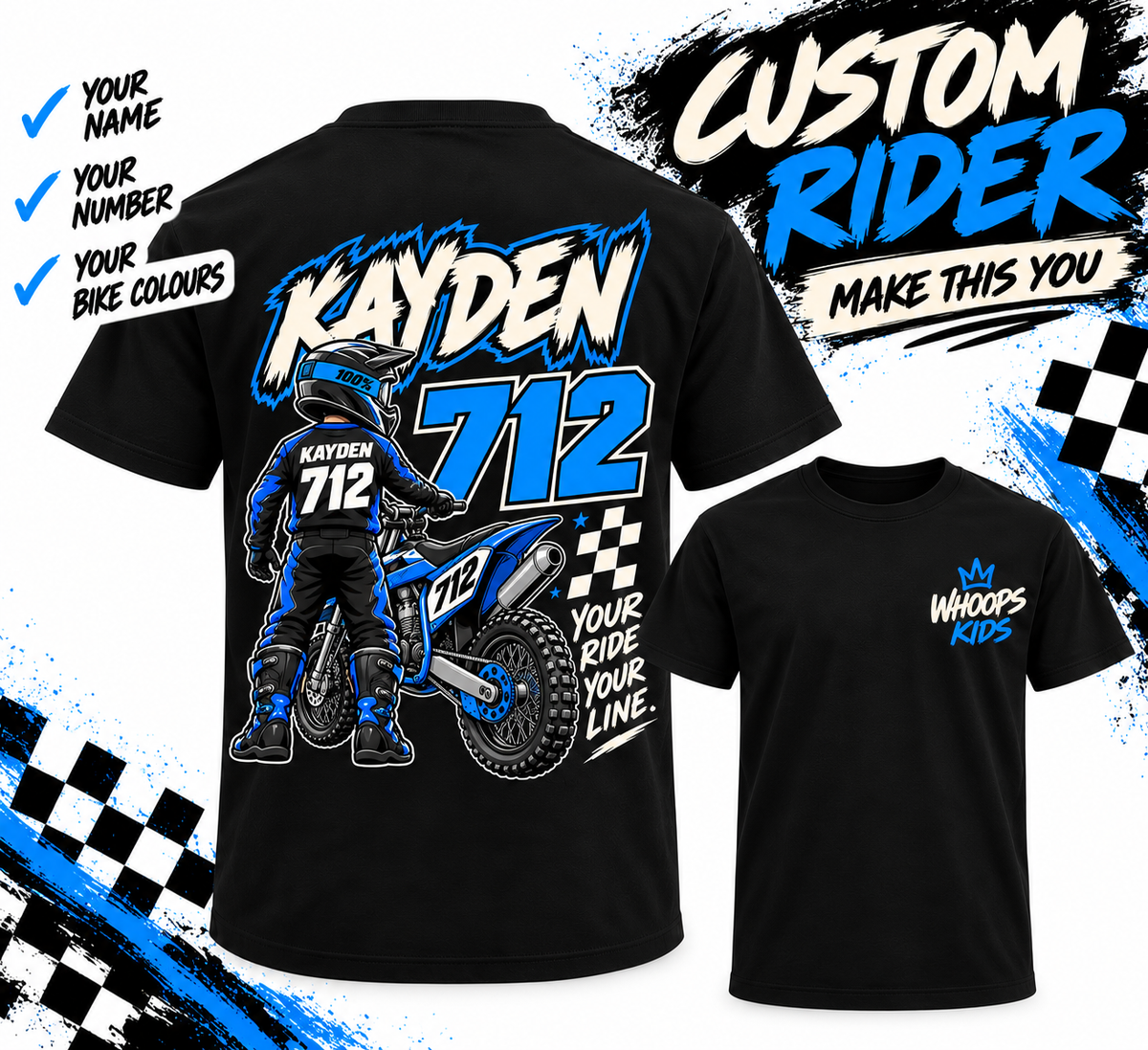 WHOOPS Kids Custom Rider Tee personalised with KAYDEN 712 and blue bike colours