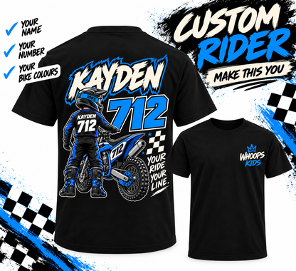 WHOOPS Kids Custom Rider Tee personalised with KAYDEN 712 and blue bike colours
