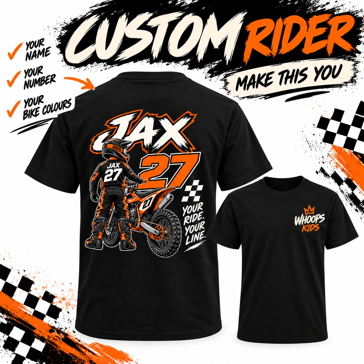 WHOOPS Kids Custom Rider Tee personalised motocross shirt example in orange