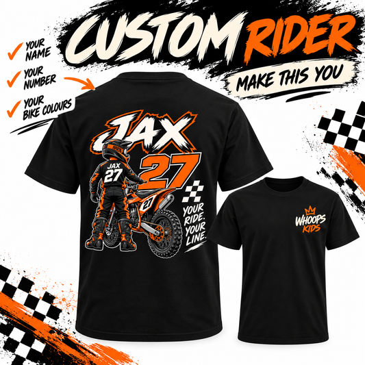 WHOOPS Kids Custom Rider Tee personalised motocross shirt example in orange