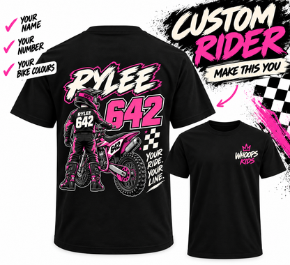 WHOOPS Kids Custom Rider Tee personalised with RYLEE 642 and pink bike colours