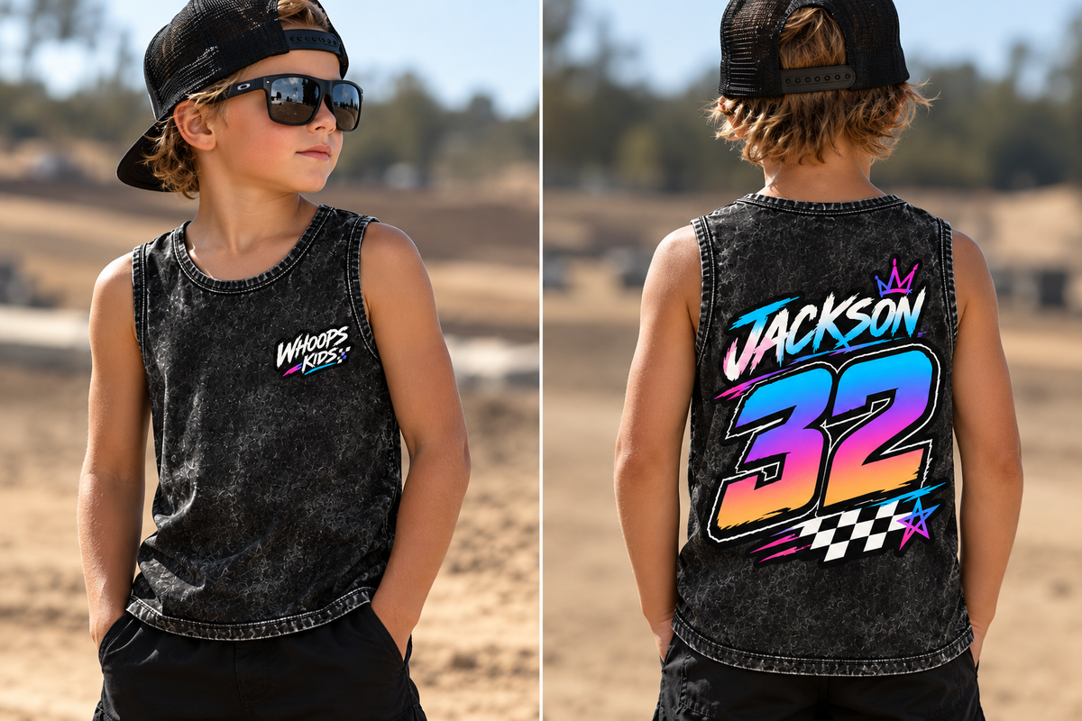 WHOOPS Kids limited edition acid wash personalised tank shown front and back on child model