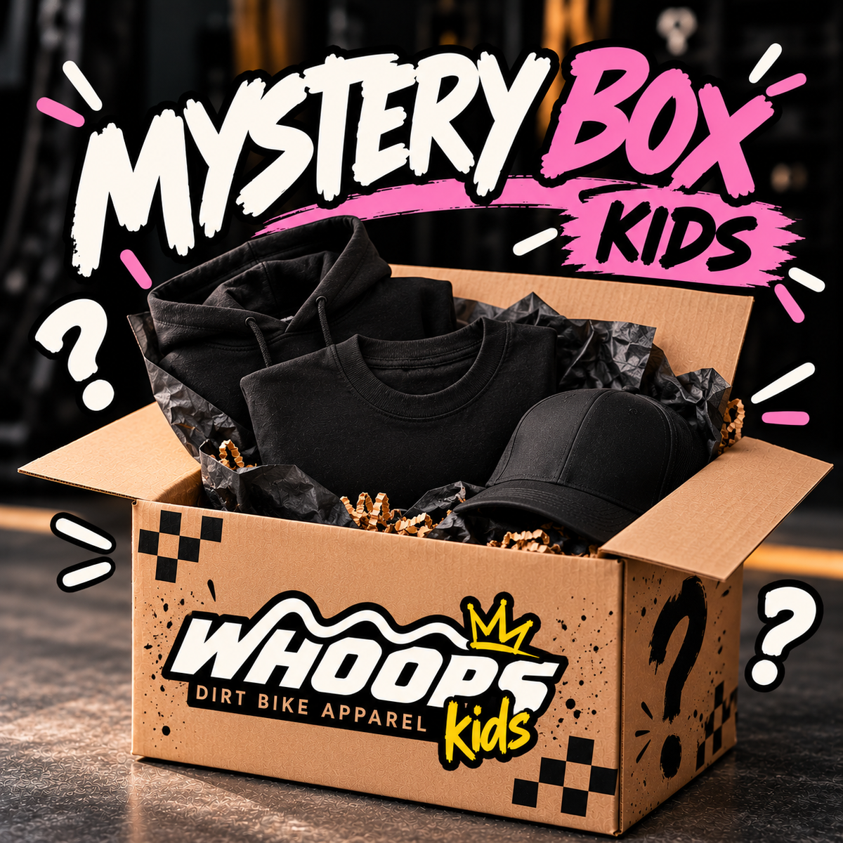 WHOOPS Kids mystery box example contents with plain clothing and cap