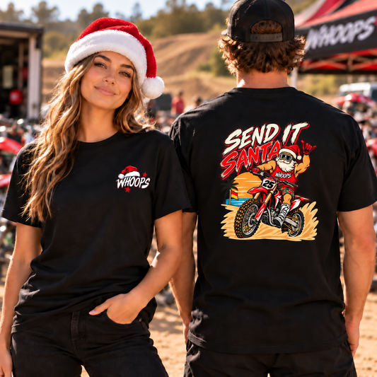 WHOOPS Send It Santa beach motocross Christmas tee front and back