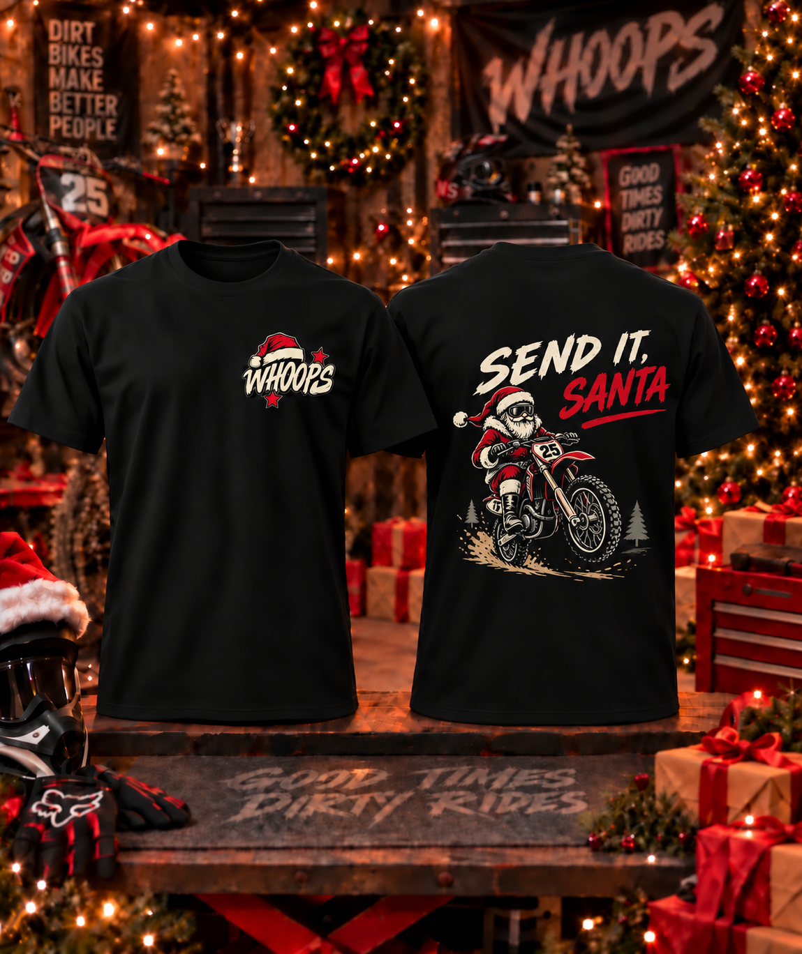 Send It Santa Christmas tee front and back